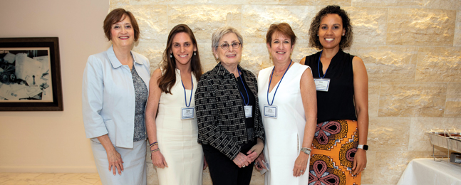 Patsy Fisher, vice president of alumni relations; Talee Potter ’97; Dona Kahn ’54; Amy Cohen ’85; and Nikki Mannathoko, associate director of alumni relations, at  the launch of the Women’s Network in New York City